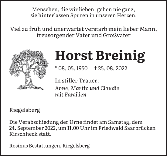 Todesanzeige von Horst Breinig von saarbruecker_zeitung
