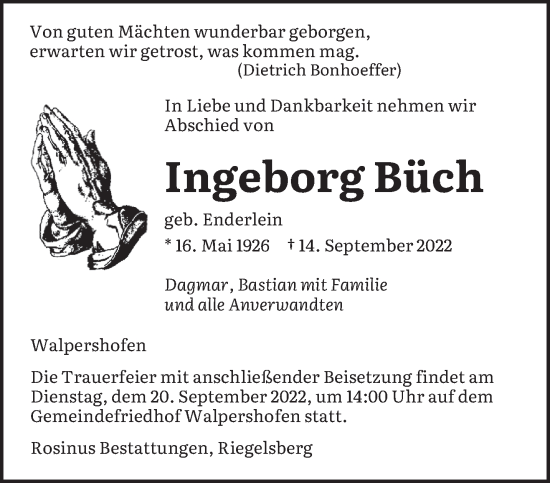 Todesanzeige von Ingeborg Büch von saarbruecker_zeitung