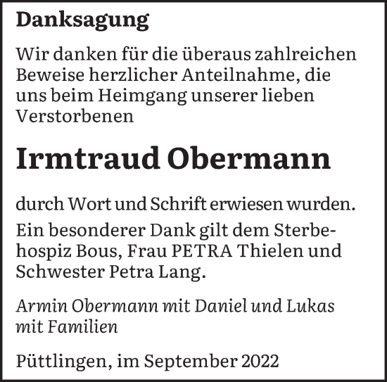 Todesanzeige von Irmtraud Obermann von saarbruecker_zeitung