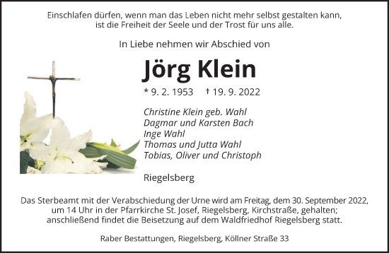 Todesanzeige von Jörg Klein von saarbruecker_zeitung