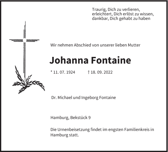 Todesanzeige von Johanna Fontaine von saarbruecker_zeitung