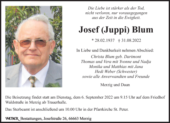 Todesanzeige von Josef  Blum von saarbruecker_zeitung