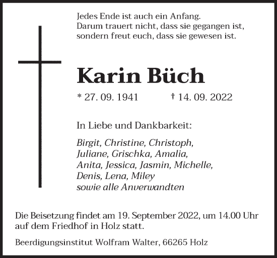 Todesanzeige von Karin Büch von saarbruecker_zeitung