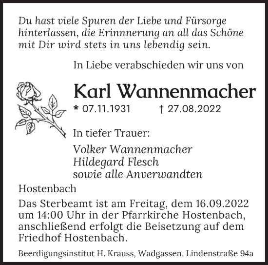 Todesanzeige von Karl Wannenmacher von saarbruecker_zeitung
