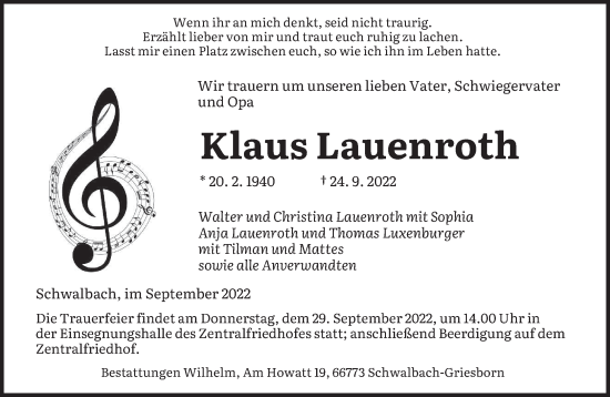 Todesanzeige von Klaus Lauenroth von saarbruecker_zeitung