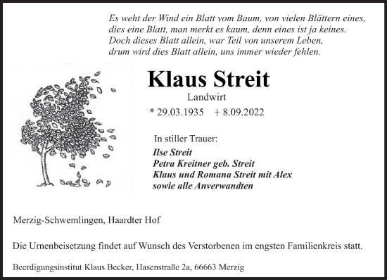 Todesanzeige von Klaus Streit von saarbruecker_zeitung
