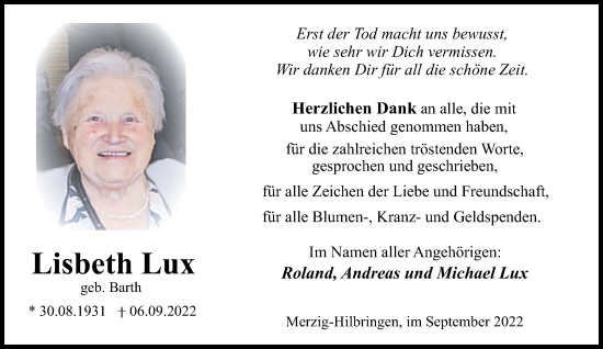 Todesanzeige von Lisbeth Lux von saarbruecker_zeitung