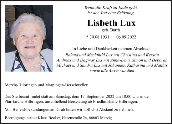 Todesanzeige von Lisbeth Lux von saarbruecker_zeitung