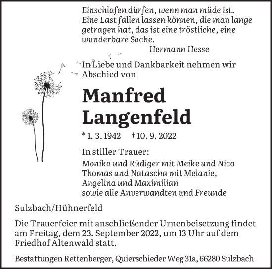 Todesanzeige von Manfred Langenfeld von saarbruecker_zeitung