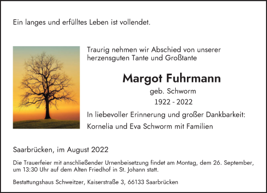 Todesanzeige von Margot Fuhrmann von saarbruecker_zeitung