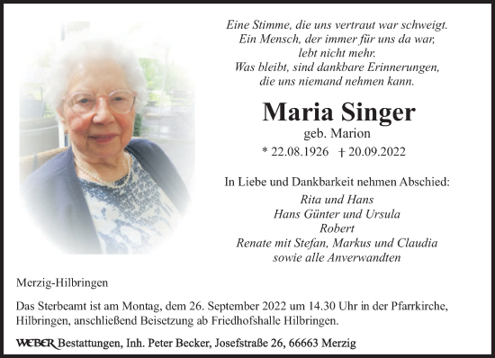 Todesanzeige von Maria Singer von saarbruecker_zeitung