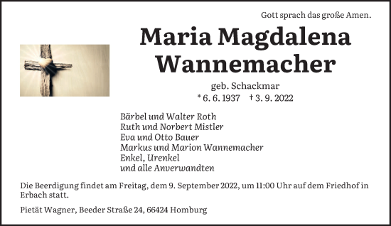 Todesanzeige von Maria Magdalena Wannemacher von saarbruecker_zeitung
