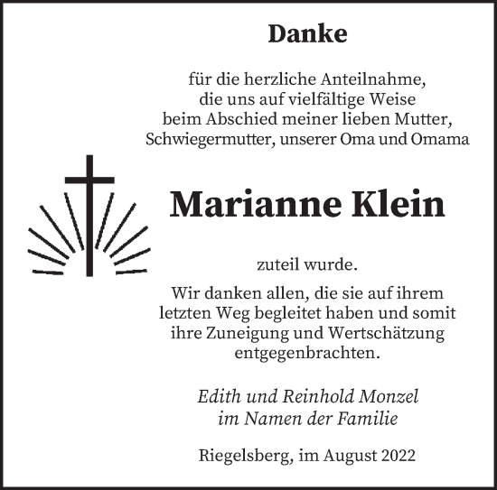 Todesanzeige von Marianne Klein von saarbruecker_zeitung
