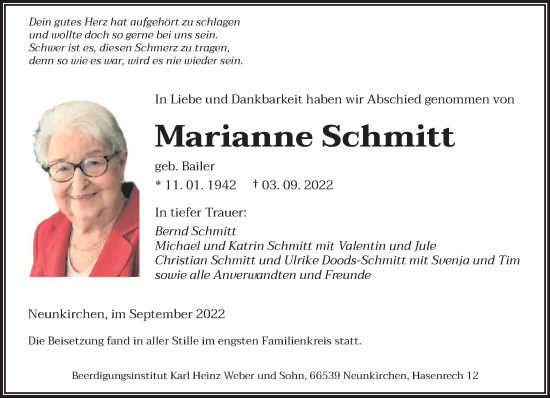 Todesanzeige von Marianne Schmitt von saarbruecker_zeitung