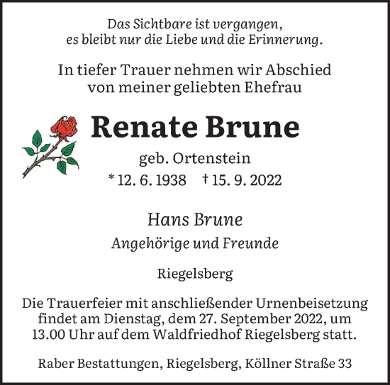 Todesanzeige von Renate Brune von saarbruecker_zeitung