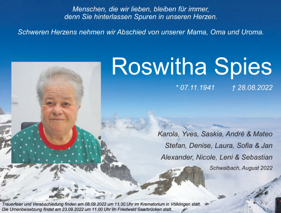Todesanzeige von Roswitha Spies von saarbruecker_zeitung