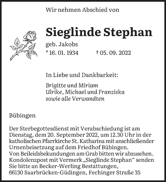 Todesanzeige von Sieglinde Stephan von saarbruecker_zeitung