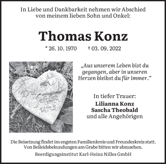 Todesanzeige von Thomas Konz von saarbruecker_zeitung