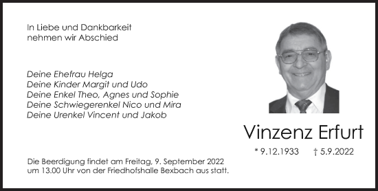 Todesanzeige von Vinzenz Erfurt von saarbruecker_zeitung