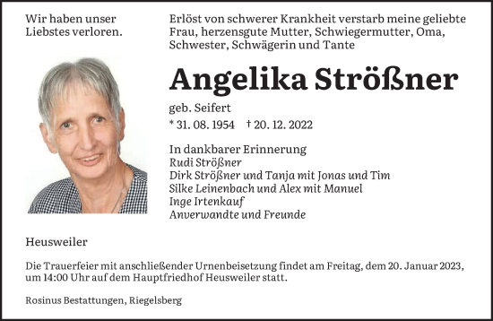 Todesanzeige von Angelika Strößner von saarbruecker_zeitung