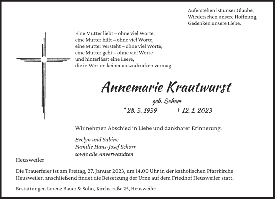 Todesanzeige von Annemarie Krautwurst von saarbruecker_zeitung