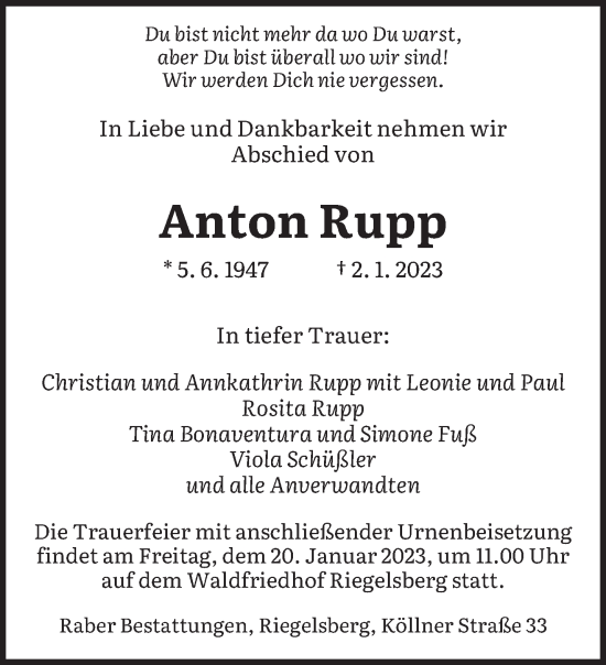 Todesanzeige von Anton Rupp von saarbruecker_zeitung