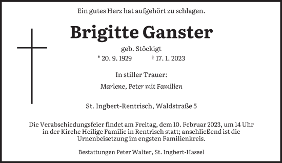 Todesanzeige von Brigitte Ganster von saarbruecker_zeitung