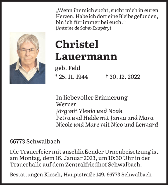 Todesanzeige von Christel Lauermann von saarbruecker_zeitung