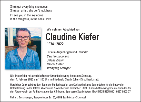 Todesanzeige von Claudine Kiefer von saarbruecker_zeitung