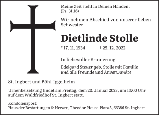 Todesanzeige von Dietlinde Stolle von saarbruecker_zeitung