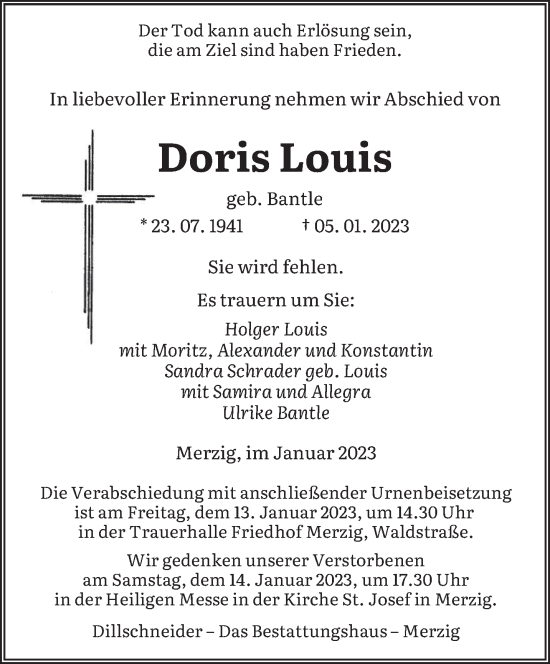Todesanzeige von Doris Louis von saarbruecker_zeitung