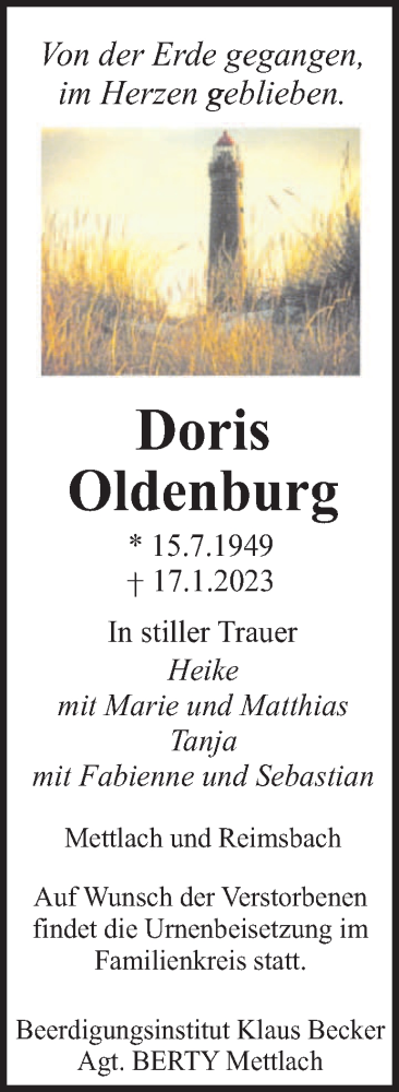 Todesanzeige von Doris Oldenburg von saarbruecker_zeitung