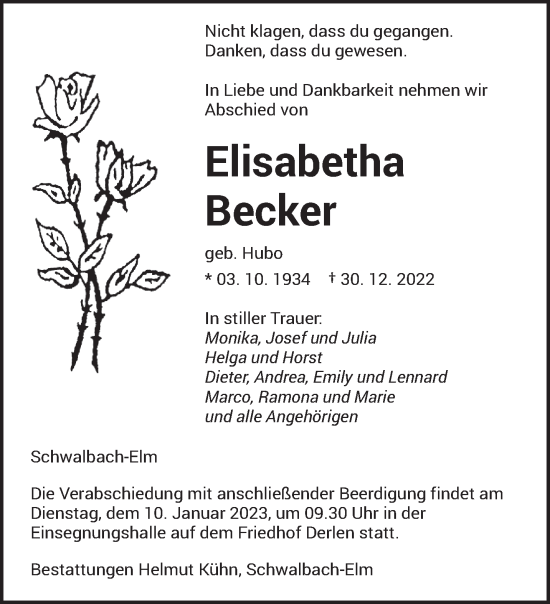 Todesanzeige von Elisabetha Becker von saarbruecker_zeitung