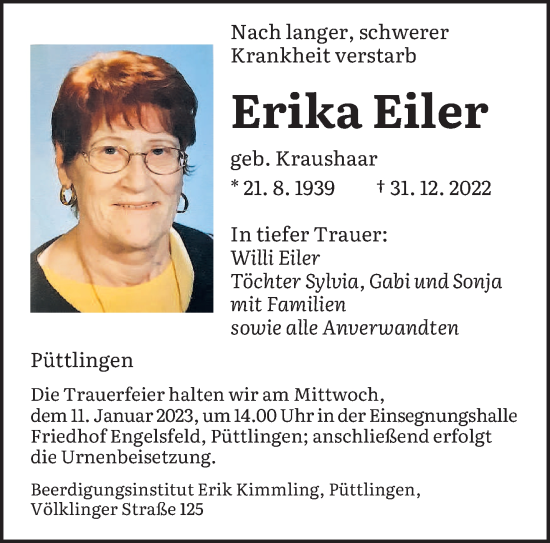 Todesanzeige von Erika Eiler von saarbruecker_zeitung