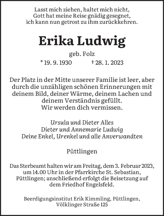 Todesanzeige von Erika Ludwig von saarbruecker_zeitung