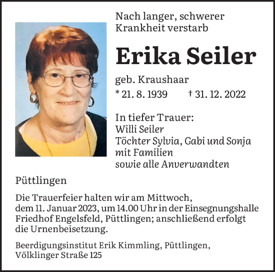 Todesanzeige von Erika Seiler von saarbruecker_zeitung