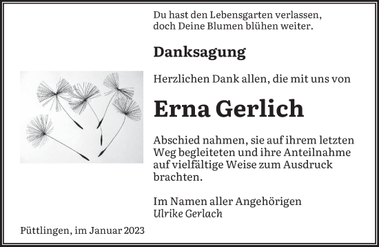Todesanzeige von Erna Gerlich von saarbruecker_zeitung