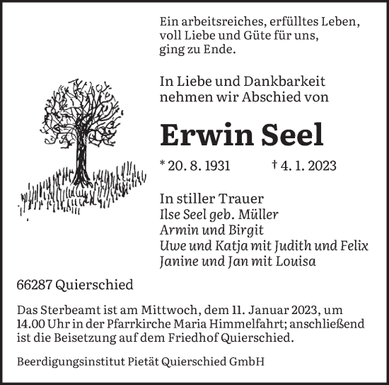 Todesanzeige von Erwin Seel von saarbruecker_zeitung