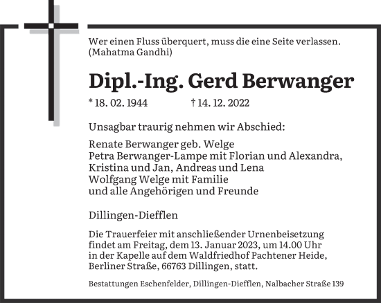 Todesanzeige von Gerd Berwanger von saarbruecker_zeitung