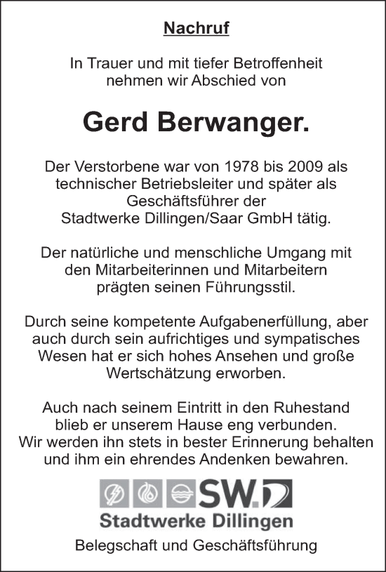Todesanzeige von Gerd Berwanger von saarbruecker_zeitung