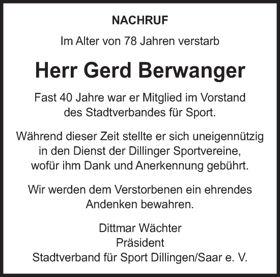 Todesanzeige von Gerd Berwanger von saarbruecker_zeitung