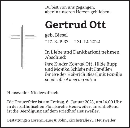 Todesanzeige von Gertrud Ott von saarbruecker_zeitung