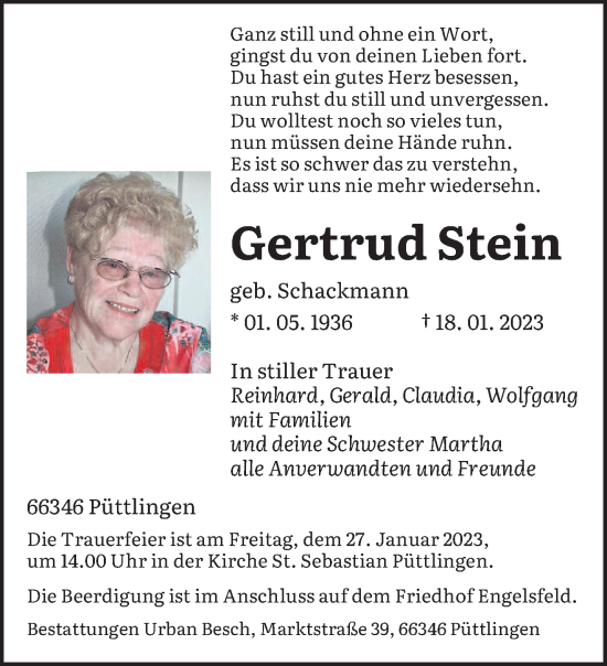 Todesanzeige von Gertrud Stein von saarbruecker_zeitung