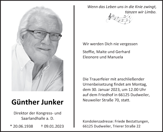 Todesanzeige von Günther Junker von saarbruecker_zeitung
