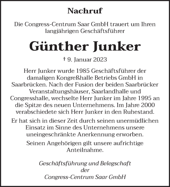 Todesanzeige von Günther Junker von saarbruecker_zeitung