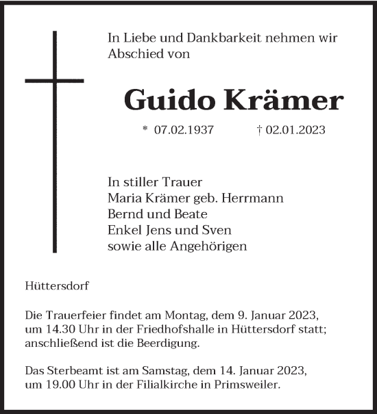 Todesanzeige von Guido Krämer von saarbruecker_zeitung
