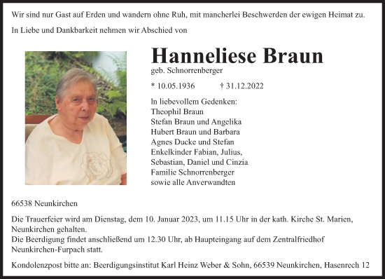 Todesanzeige von Hanneliese Braun von saarbruecker_zeitung