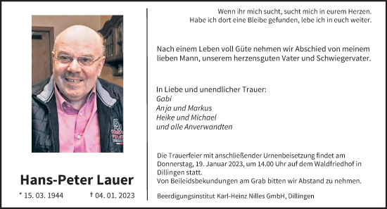 Todesanzeige von Hans-Peter Lauer von saarbruecker_zeitung