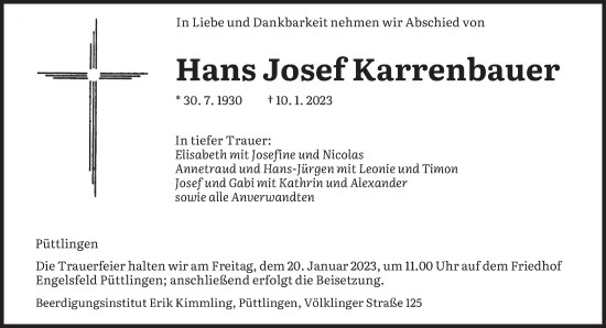 Todesanzeige von Hans Josef Karrenbauer von saarbruecker_zeitung