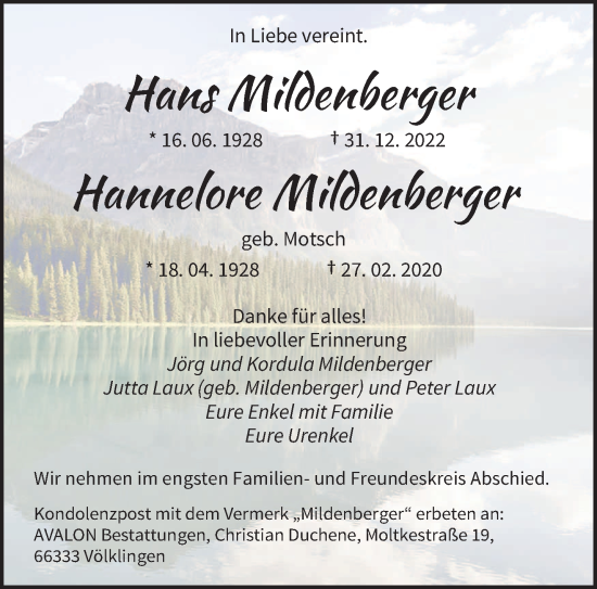 Todesanzeige von Hans und Hannelore Mildenberger von saarbruecker_zeitung